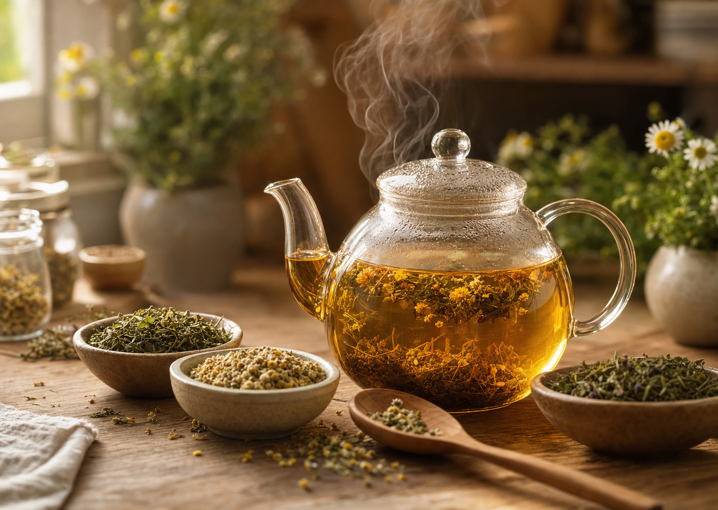Théière en verre remplie d'une infusion dorée fumante, entourée de bols de plantes séchées (verveine, camomille, menthe) et d'une cuillère en bois sur une table en bois.