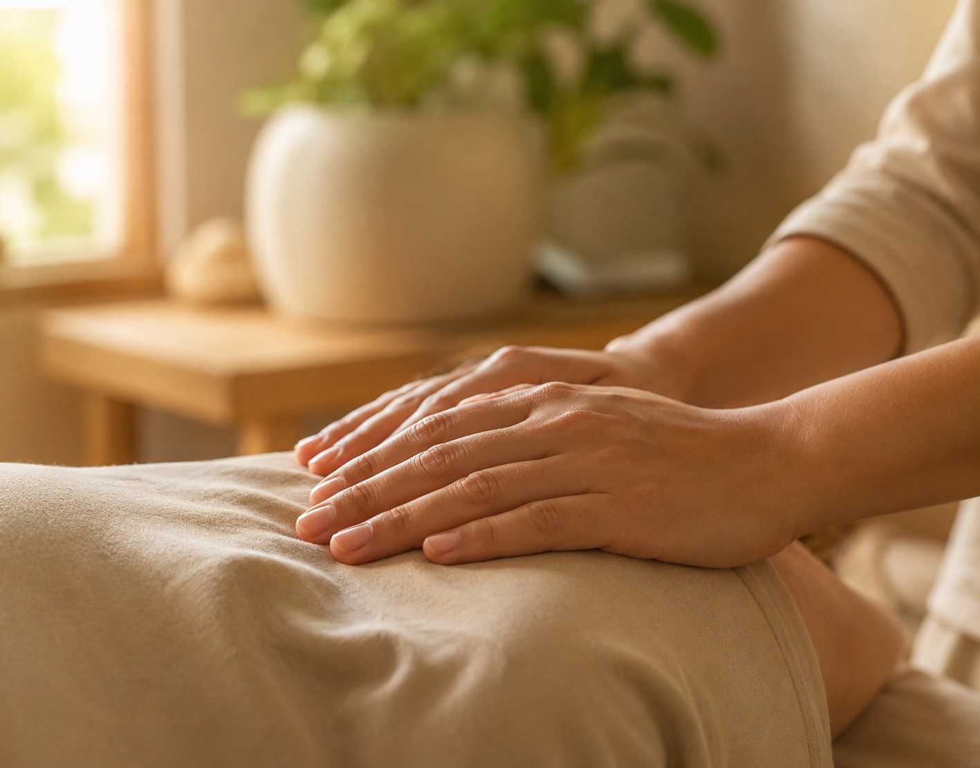 Mains posées avec douceur sur une épaule lors d'une séance de détente inspirée du Touch for Health