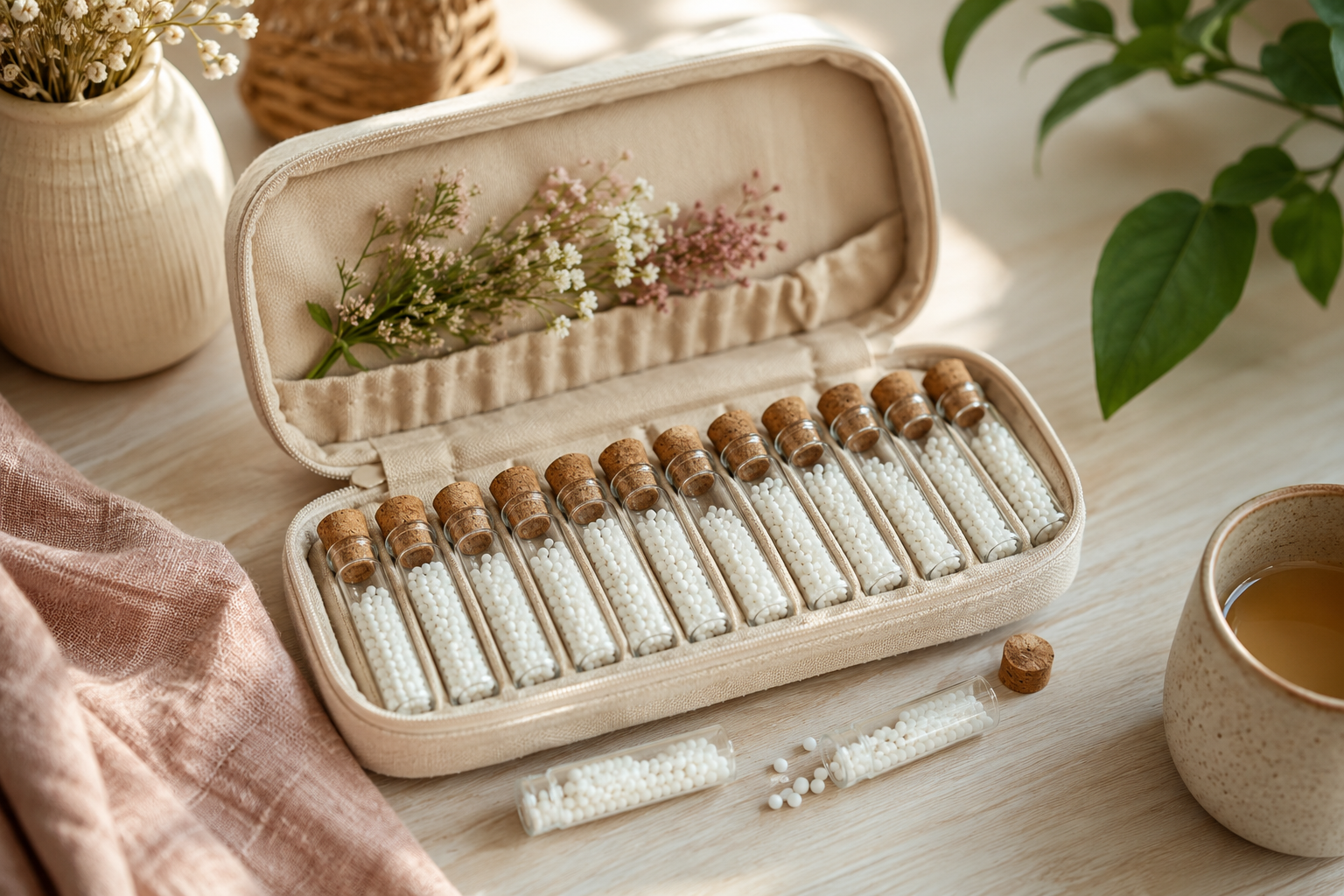 Trousse homéopathique familiale : tubes et granules soigneusement rangés dans un étui souple sur une table en bois clair.