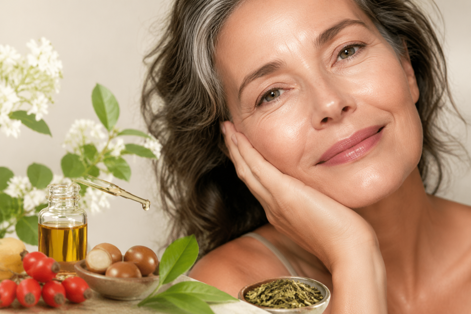 Femme mature au teint lumineux et à la peau naturellement soignée, entourée d'ingrédients botaniques anti-âge