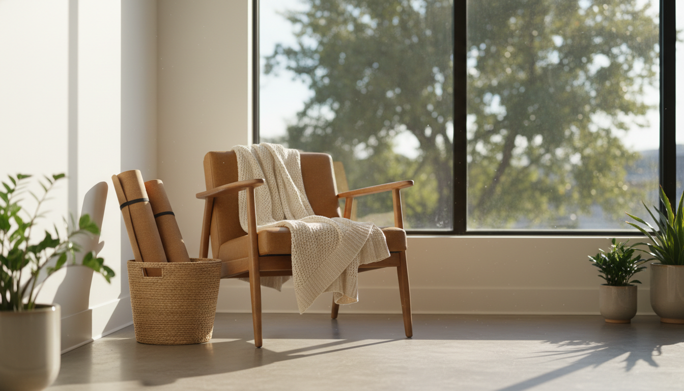 Tapis de yoga roulés, couverture pliée et chaise stable près d'une grande fenêtre ensoleillée dans un studio paisible