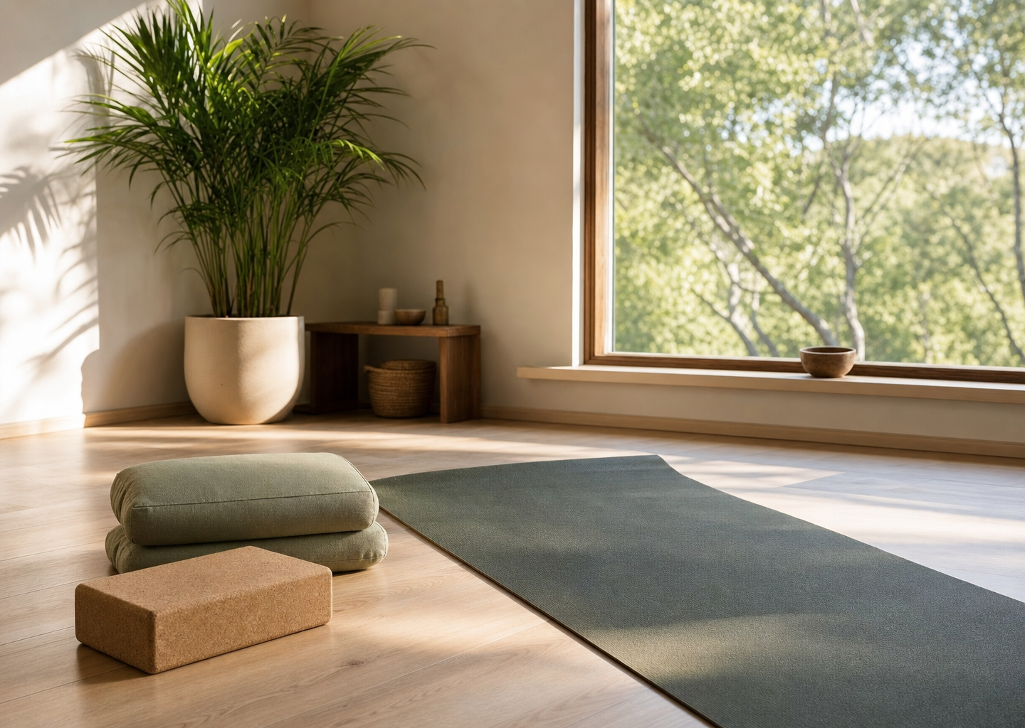 Studio de yoga lumineux avec tapis déroulé, brique en liège, coussin et plante verte devant une grande fenêtre donnant sur la nature